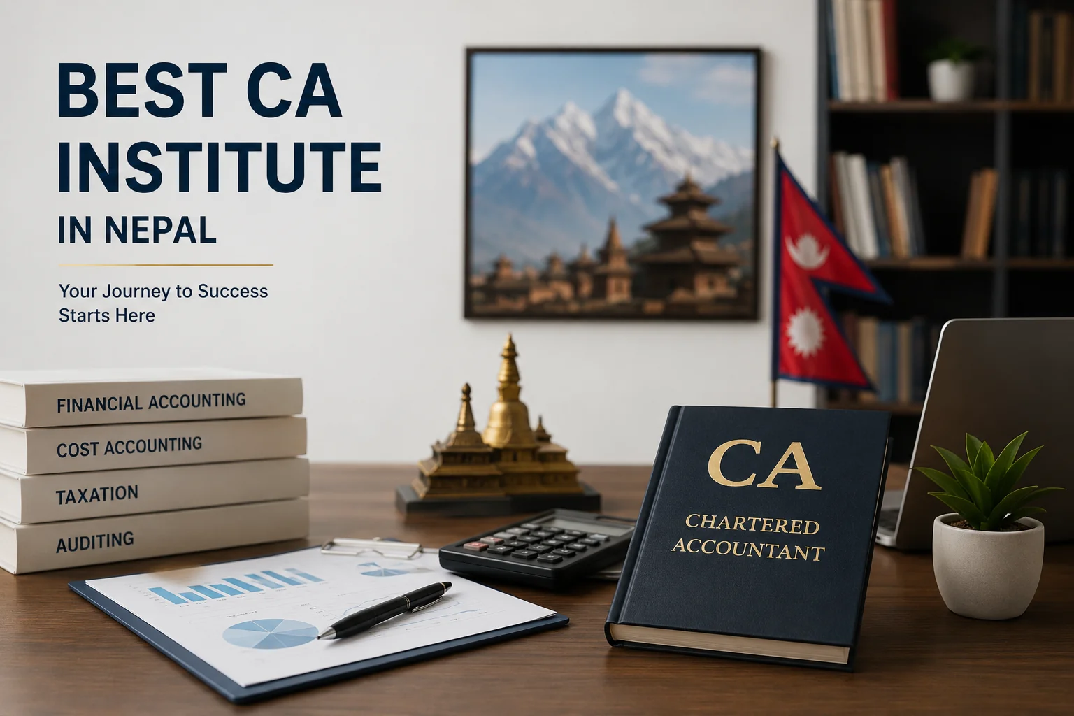 Nepali Chartered Accountancy study desk with accounting books, calculator, financial reports, and laptop representing the best CA institute in Nepal.