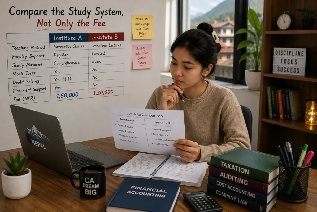 Nepali student comparing the study system, faculty support, and course quality instead of only the fee when choosing the best CA institute in Nepal.